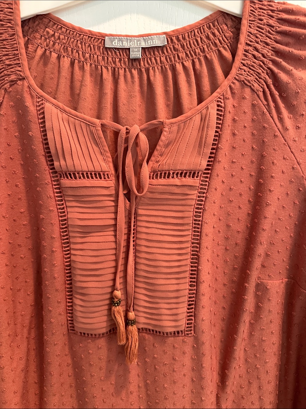 Daniel Rainn Burnt Orange Tie-Neck Textured Peasant Blouse - Picture 2 of 3